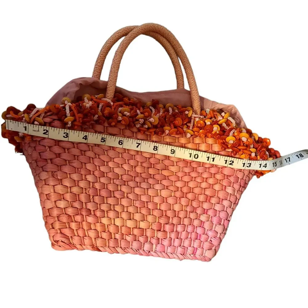 Pink Weaved Straw Hand Bag w/Orange/Tan Wood Beads Drawstring Closure NWT‎